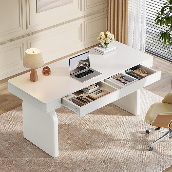 Tribesigns White Desk with Drawers 63-Inch Modern Executive Office Desk Glossy Elegant Work Study Desk Writing Table for Home Office Cream White