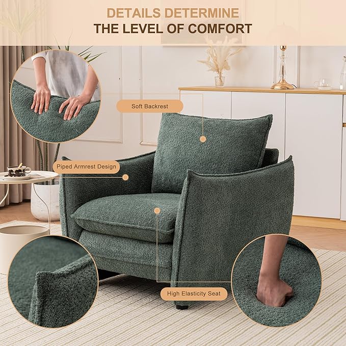 Oversized Accent Chair Modern Single Sofa Cloud Chairs with Removable Pillow Deep Seat Comfy Armchair for Living Room Bedroom Reading Nook - Upholstered Lounge Chair (Green)