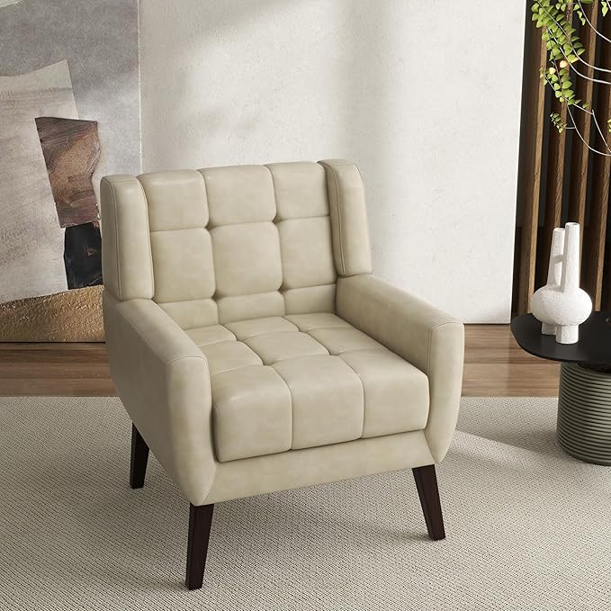 Accent Chair Comfy Mid Century Modern Small Armchairs with Solid Wood Frame and Soft Cushion for Living Room Bedroom (Faux Leather Cream Set of 1)
