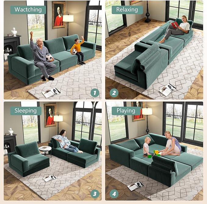 106 Convertible Sofa Bed Cloud Modular Sectional Sofa Modern Deep Seat Folding Sofa for Living Room Bedroom No Assembly Required Corduroy Fabric Flexible Configurations