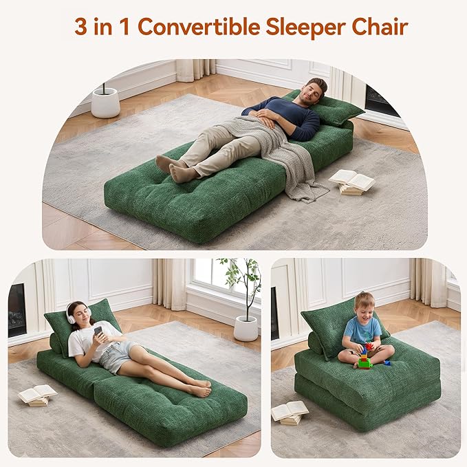 Folding Sofa Bed Fold Out Chair Bed with Pillow Convertible Sleeper Chair for Living Room/Small Spaces Foldable Lazy Sofa Bed Floor Chair Comfy Teddy Velvet Couch Bed Forest Green