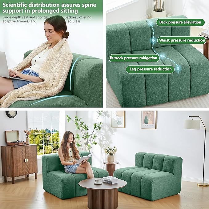 LEVNARY 2-Piece Modular Sectional Sofa All-Foam Compressed Rectangular Couch Set Cloud Sofa Modules for Apartment Small Space Living Room (Green)