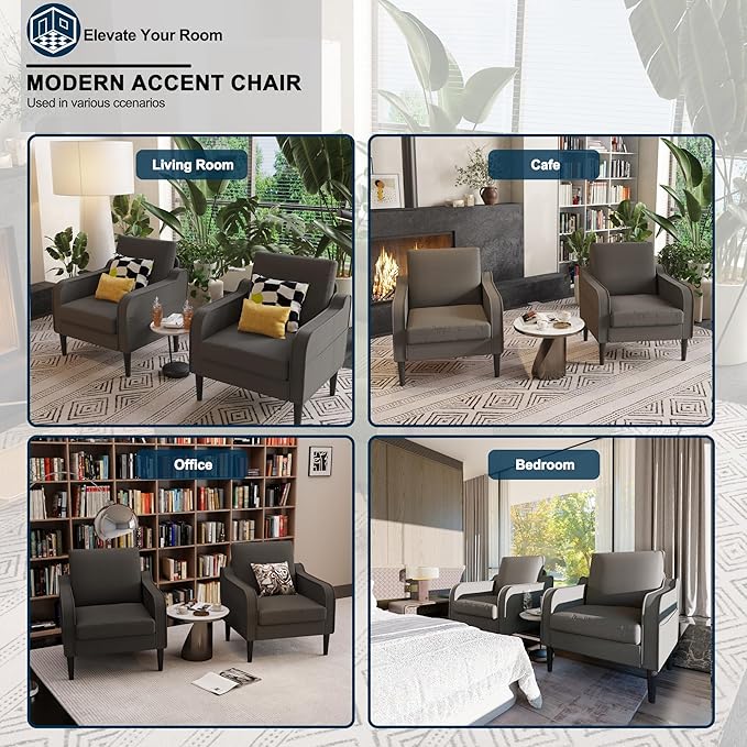 Grey Accent Chair Set of 2 - Upholstered Armchair with Side Pockets Comfy Living Room Arm Chair Reading Accent Chairs for Bedroom Living Room Apartment Office