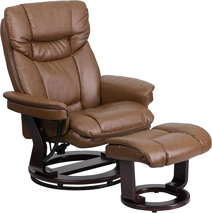 Flash Furniture Allie LeatherSoft Upholstered Recliner with Footrest Arms and Headrest Padded Swivel Recliner Chair and Ottoman Set Palimino