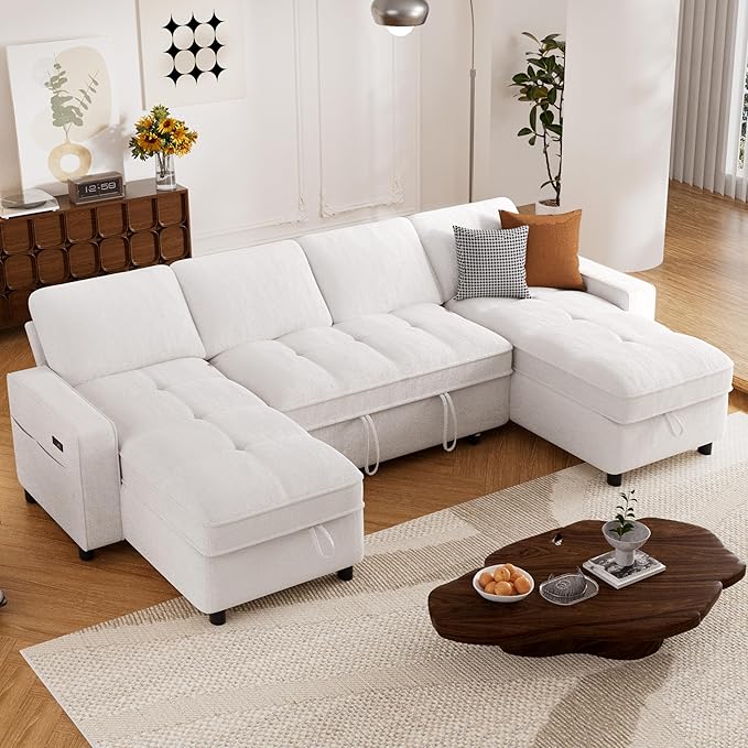 Sunny Heart Sleeper Sofa Bed 105 U Shaped Couch Sleeper Sofa Pull Out Couch Bed with Reclining Backrest | Double Storage Chaise | USB Ports | Side Pockets | Tool-Free Assembly | Chenille Beige