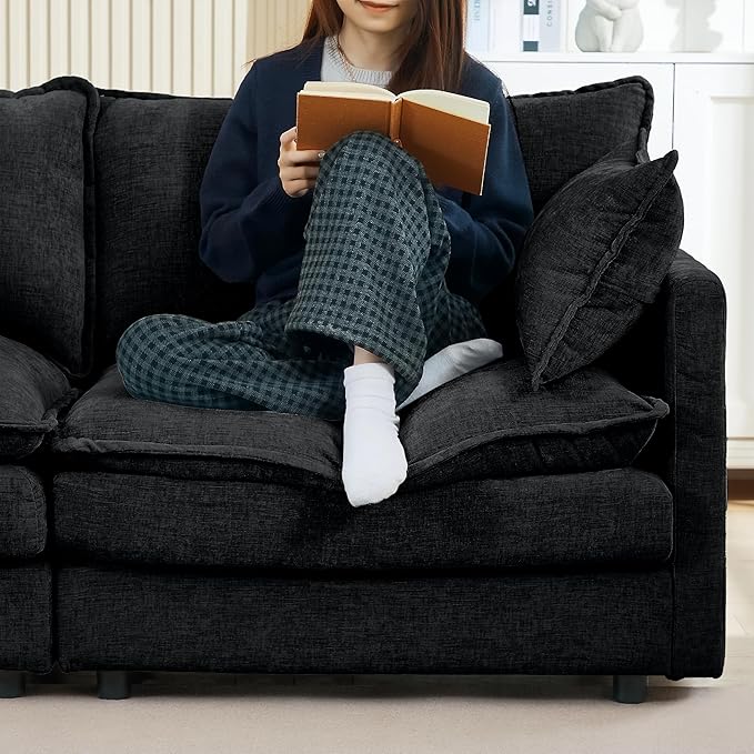 Black Sectional Modular Sofa Cloud Couch 105 Modern Convertible L-Shape Sofa Deep 3-Seater Soft Chenille Comfy Upholstered with Removeable Ottoman Set and Removable Cushions for Living Room