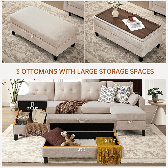 Convertible Sectional Sleeper Sofa with Storages 100 U Shaped 4 Seater Couch with 2 Movable Ottomans and 1 Ottoman Bench Polyester Fibre for Living Room Beige
