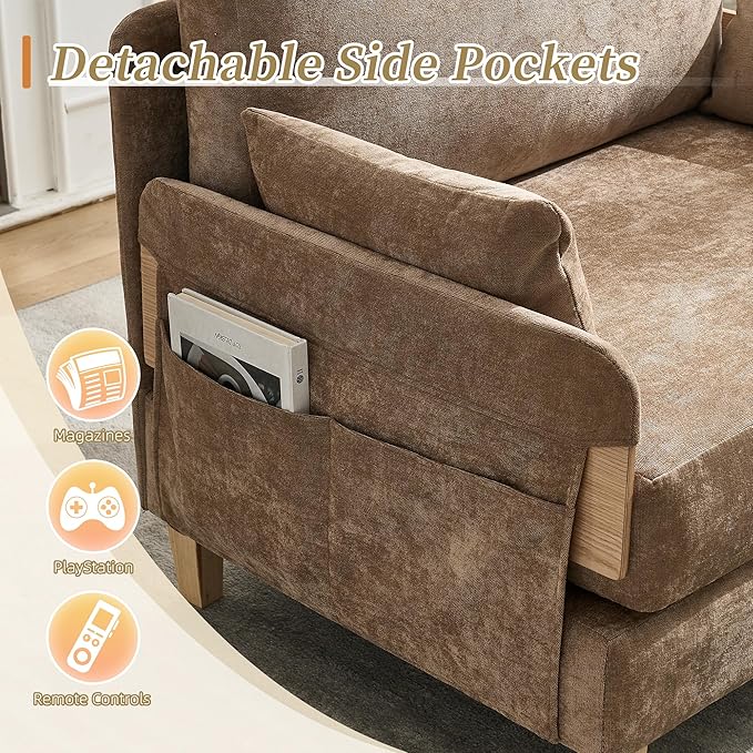 Large 3 in 1 Convertible Futon Sofa Bed Chair 35 W Extra Wide Sleeper Chair Bed with Pull Out Couch Modern Chenille Chaise Lounge Armchair for Living Room Bedroom Playroom Light Brown