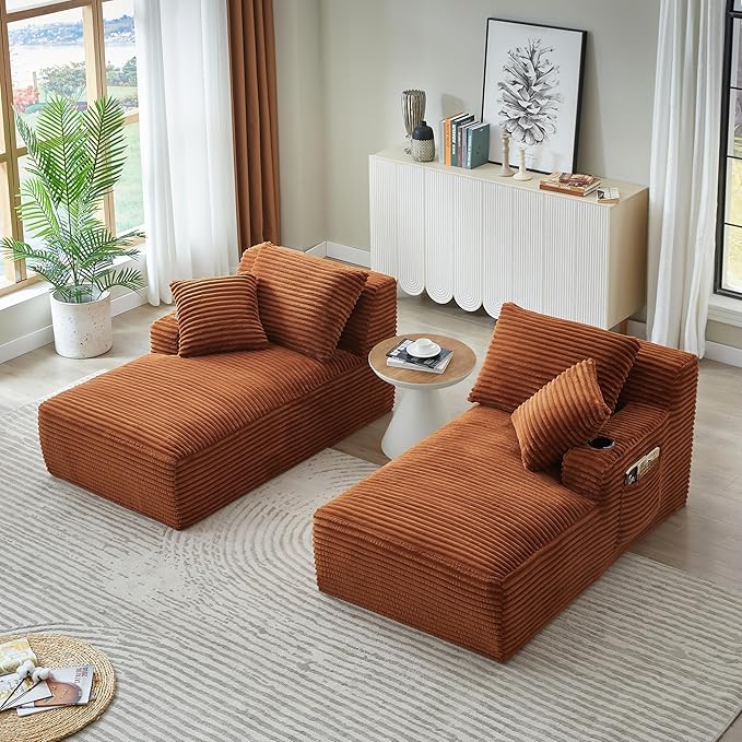 KEIKI Compressible Double Chaise Lounge with Cupholders Comfortable Corduroy Sleeper Loveseat for Home Office or Studio Boneless Chaise Lounge Indoor with Spring Support No Assembly Required