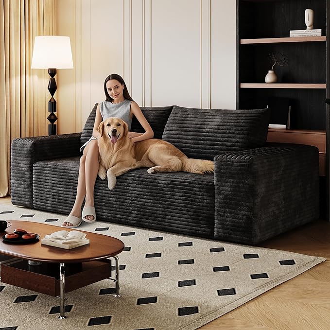 71 W Corduroy Boneless Couch 3-Seater Compression Sofa with Deep Seat No Assembly Required Comfy Loveseat Sofa with 2 Pillows Sofa Couches for Living Room/Apartment (Black 71 inch) | Breathable