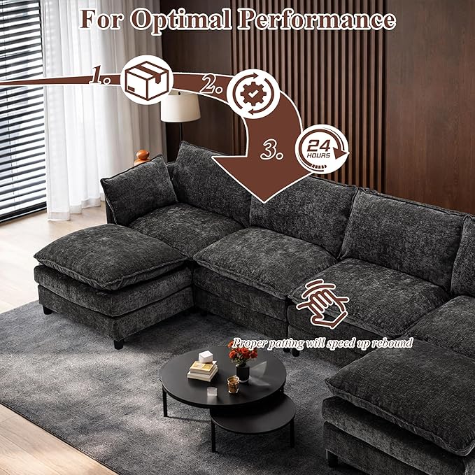 108 U Shaped Couch Comfy Cloud Modular Sectional Sofa with Movable Ottoman Deep Seat Chenille Modern Cloud Sofa Sectional Couches for Living Room Apartment (Gray 4 Seater with 1 Ottoman)