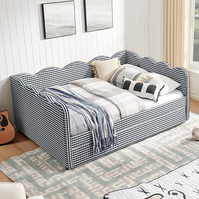 Cozy Gingham Daybed with Trundle Twin Size Sofa Bed No Box Spring Needed with USB Port and Adorable Wave Shaped Linen Fabric Navy (Full+Navy)