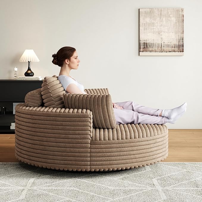 TTK 55” Oversized Corduroy Swivel Chair Fluffy 360° Rotating Sleeper Armchair with Pillows &amp Headrest Full Foam Barrel Chair for Living Room Bedroom Reading Nook Lounge or Apartment Brown