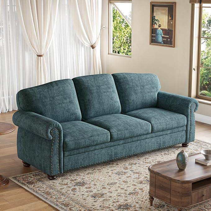 ONBRILL 90 Inch Rolled Arm Sofa for Living Room Deep Seat Nailhead Trim Couch Comfy 3 Seater Chenille Couch w/Wooden Leg Springs Seat Cushion Large Traditional Sofa for Farmhouse Blue