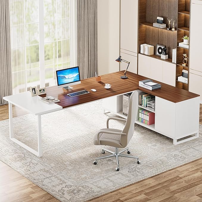 Tribesigns 70.8-Inch Executive Desk with 55-Inch File Cabinet Large L Shaped Computer Desk with Storage Cabinet and Shelves Modern L-Shaped Desk for Home Office Walnut &amp White