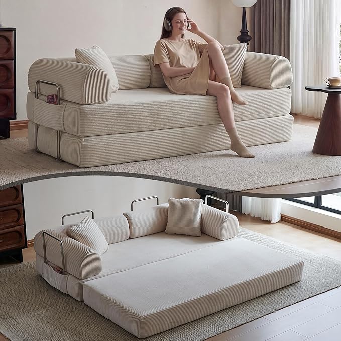 79 Convertible Sleeper Sofa Bed Modern Corduroy Floor Couch Bed with Fixed-Shape Frame Modular Sofa Couch with Pull Out Bed Boneless Loveseat Sleeper Couches for Living Room Beige