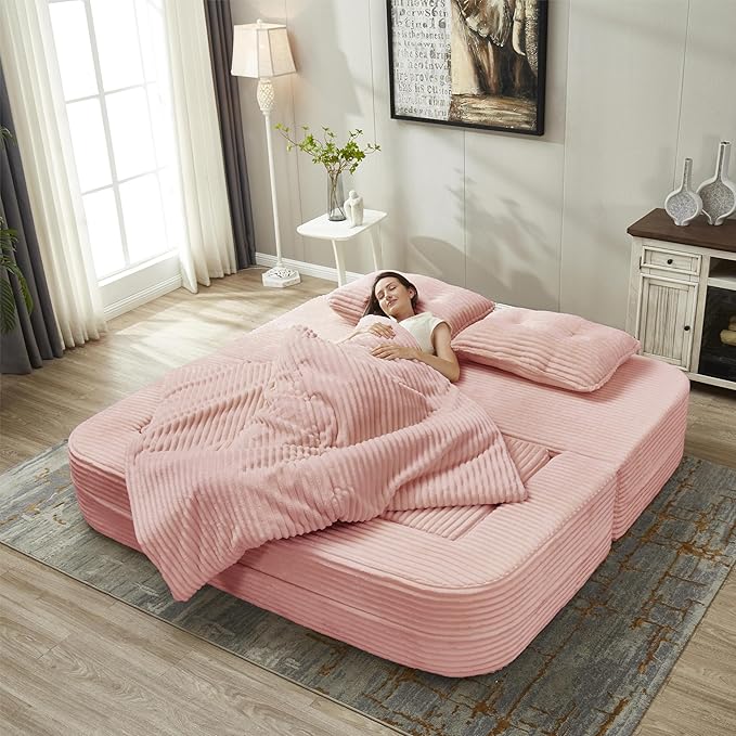 Folding Convertible Sectional Sofa Bed Corduroy Floor Couch Loveseat Lounge Chaise for Office Apartment80 King Size BedBaby Pink