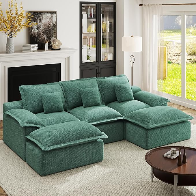 Modular Sectional Sofa 107'' Boneless Couches for Living Room 5-Seat Sofa with 2 Ottomans Cloud U Shaped Couch No Assembly Required Chenille Green