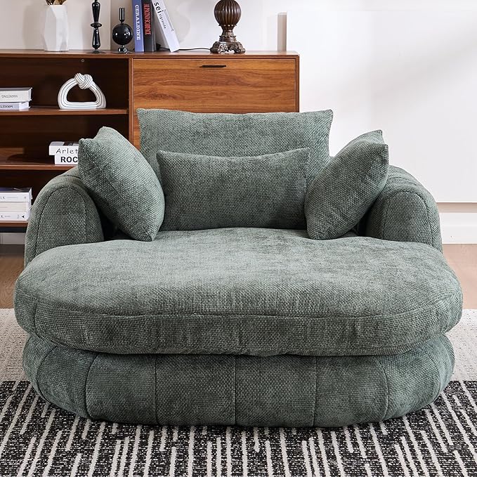 Oversized Chaise Lounge Indoor Deep Seat Boneless Sofa Bed with Throw Pillows Plush Chenille Fabric No Assembly Required Comfy Sleeper Sofa for Living Room Bedroom (Green with Pocket)