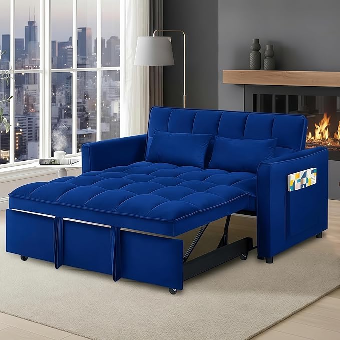 3 in 1 Folding Convertible Sofa Bed 55'' Pull Out Couch Bed with Side Pocket Velvet Fabric Loveseat Sleeper Sofa with Adjustable Backrest Easy AssemblyPerfect for Living Room Blue