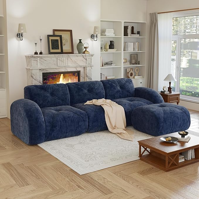110 Sectional Modular Cloud Couch Boneless Couches with Deep Seat Convertible 3-Seater Sofa Set with Ottoman for Living Room Bedroom Office Blue