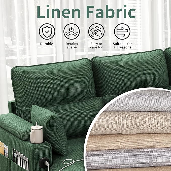 Sectional Sleeper Sofa with Pull Out Couch Bed with Storage Chaise for Living Room Comfy Linen Modular Sectional Sofa with Dual USB &amp Type-C Cup Holders (Green 81 Inches)