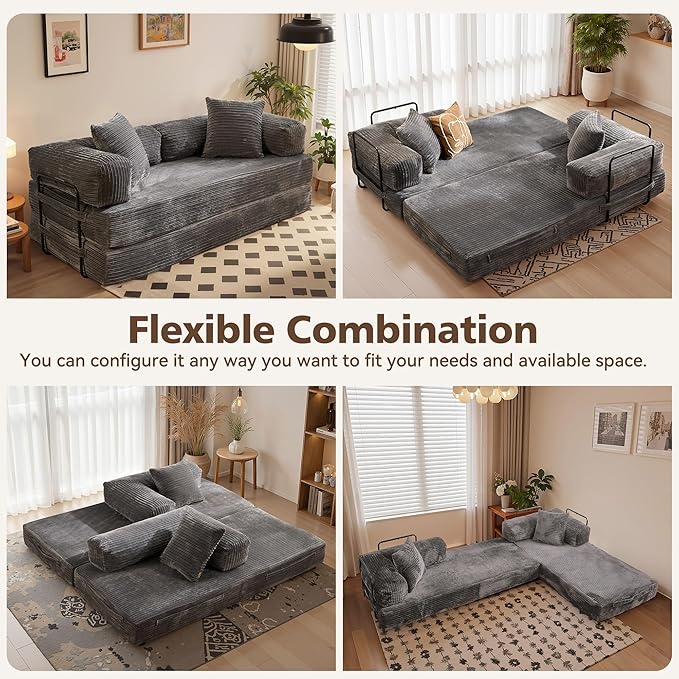 4-in-1 Folding Sofa Bed 78 Oversized Corduroy Sleeper Chair Convertible Loveseat to Floor Bed with Storage Pockets Boneless Design for Living Room Bedroom &amp Small Spaces