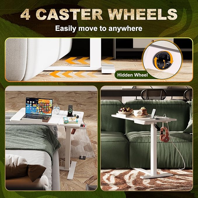 Standing Desk Medical Overbed Table with Rolling Tray and Power Outlet Dual Pneumatic Angle and Height Adjustable Desk Portable Side Table with Drawer Home &amp Hospital Use White