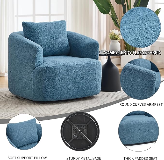 Swivel Accent Chair360° Rotating Barrel ChairTeddy Fleece High-Resilience Sponge Single Sofa Easy Assembly for Living Room Bedroom Apartment Blue