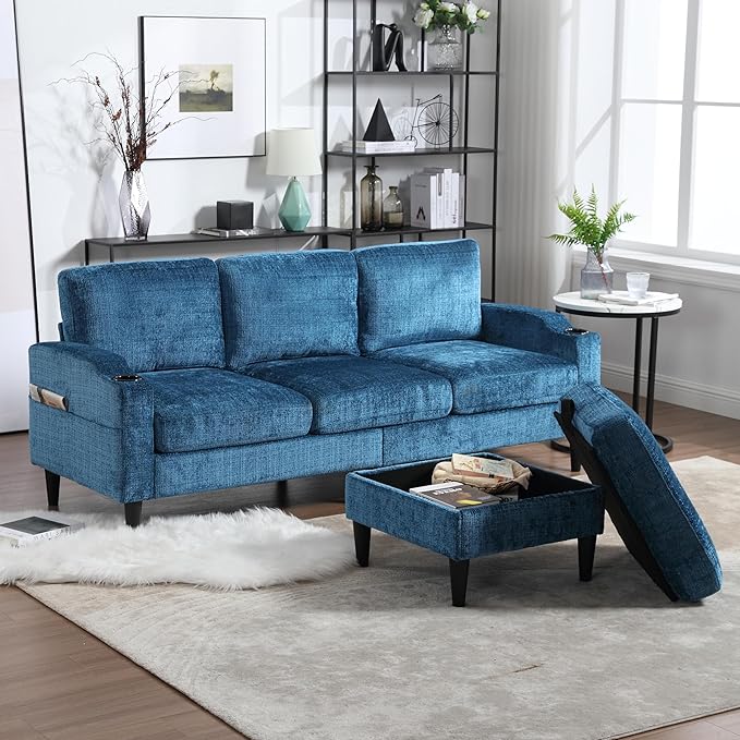 L Shaped Couch with Storage Ottoman 77 Chenille Small Sectional Couches with 2 Cup Holders &amp Storage Pocket for Small Space Comfy Cloud Sectional 3 Seater Couch Blue