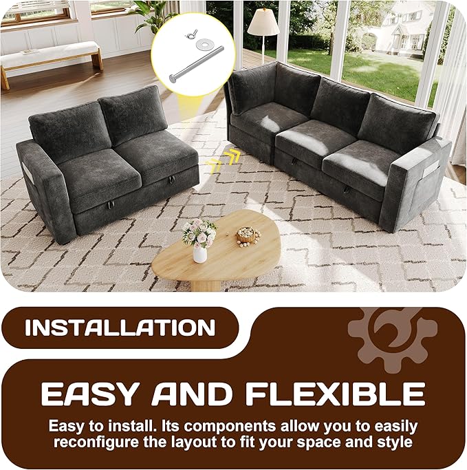 83.5 Sectional Sleeper Sofa with Pull Out Couch Modern 5 Seat L Shaped Modular Couch Sectionals Modular Sofa with Storage Comfy Sectional Couches for Living Room &amp Apartment Dark Gray