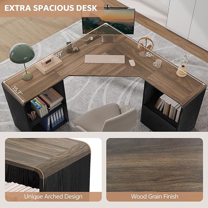 60 L Shaped Desk with File Drawer Modern Corner Computer Desk with Storage L Shape Home Office Desk Executive Desk with Power Outlets Storage Shelves File Cabinet for Working Writing Black