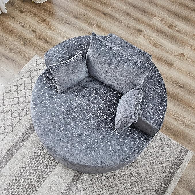 Oversized Round Chaise Lounge Chair Indoor 55W Circle Comfy Armchair with Deep Seat Floor Cloud Boneless Chair Upholstered Modern Cozy Sofa Chairs for Living Room Bedroom(Chenille Grey)