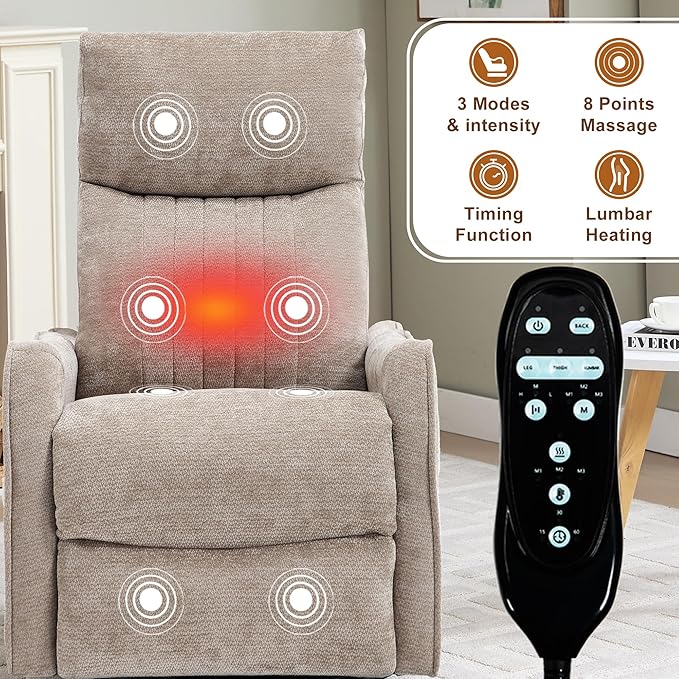 Khaki 360° Swivel Rocker Recliner Chair Massage Reclining Chair with 8-Point Vibration &amp Lumbar Heat for Adults Elderly 155° Recline Easy Assembly for Living Room