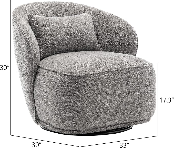 KINWELL 33 W Mid Century Modern Swivel Barrel Chair Set of 2 Upholstered Boucle Swivel Accent Chairs No Assembly Sofa Chair with Toss Pillow for Living Room Bedroom Reading Nursery (Light Gray)