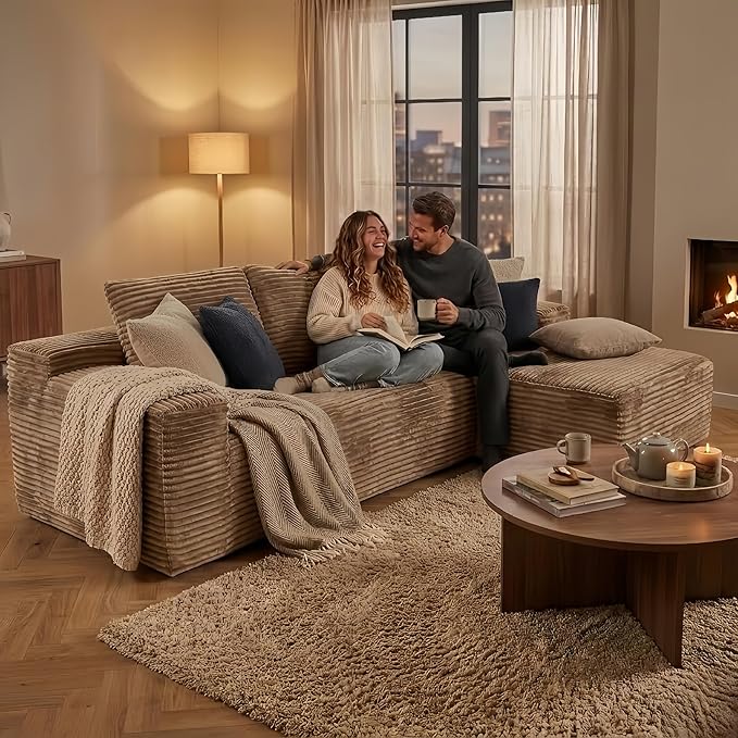 107 L-Shaped 6-Sea Modular Sectional Sofa Cloud Boneless Deep Seat Corduroy Couch with Right Facing Chaise Lounge Flexible Modular Design No Assembly for Living Room Brown