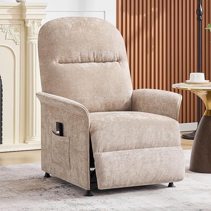 Power Recliner Chair with Remote Control 21 Wide Seat Small Recliners with Side Pocket for Adults Thick Cushions Chair for Living Room &amp Bedroom Tan