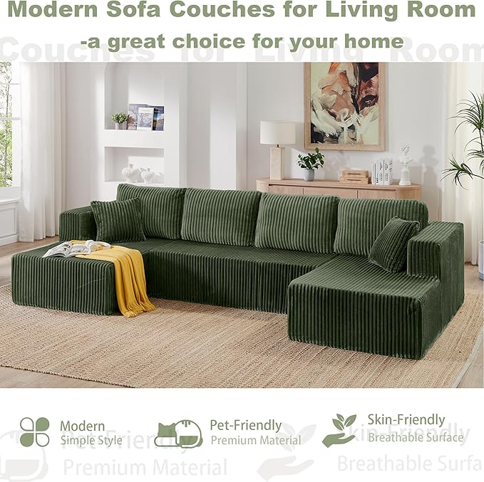 Comfortable Compression U-Shaped Modular Combination Sofa Compression Combination Modern Minimalist Corduroy Sofa Suitable for Living Room and Bedroom (Green)
