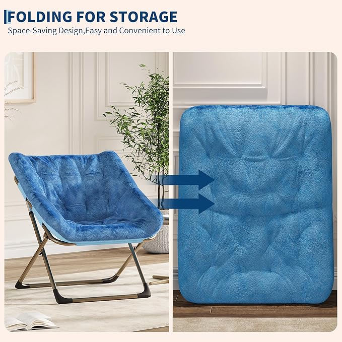 Collapsible Soft Faux Rabbit Fur Saucer Lounge Chair Comfy Lounge Lazy Chair Metal Frame Reading Chairs for Office Living Room Bedroom Small Spaces No Assembly Blue