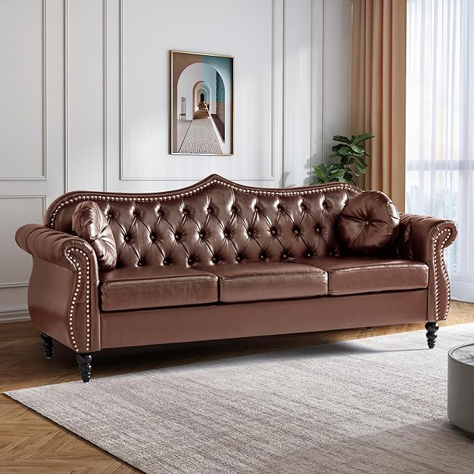 AVZEAR 82 Three Seater Sofa Chesterfield Sofa Mid-Century Modern PU Upholstered Sofa Deep Button Tufted Living Room Sofa with Two Throw Pillows Brown