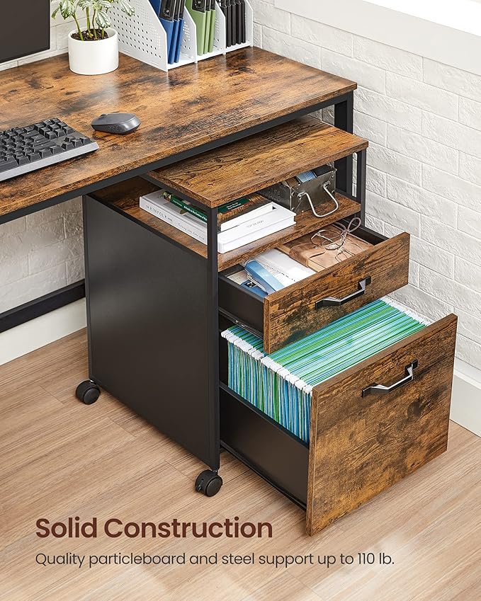VASAGLE File Cabinet Mobile Filing Cabinet with Wheels 2 Drawers Open Shelf for A4 Letter Size Hanging File Folders Rustic Brown and Ink Black UOFC71X