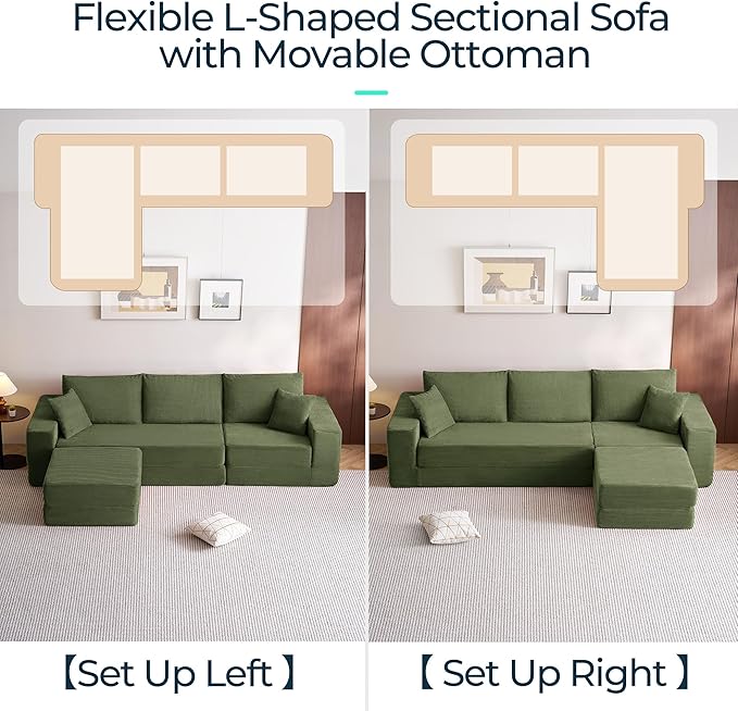 LINSY HOME Oversized Convertible Sofa Bed with 2 Pillows &amp Ottoman Corduroy Boneless Couch Folding Modular Sleeper Sofa L Shaped Couch Floor Sofa for Living Room Apartment Upgrade Backrest (Gre