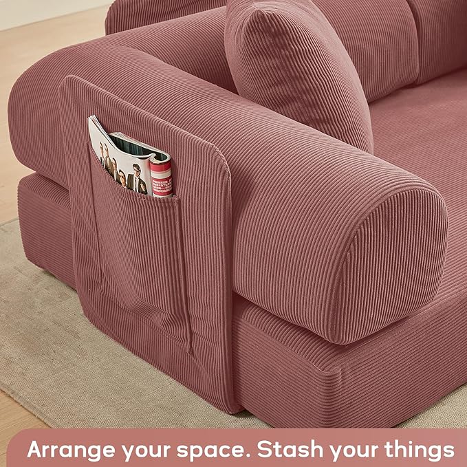 L Shaped Convertible Modular Boneless Sofa Bed with Cylindrical Pillow Corduroy Folding Floor Sofa Couch Bed with Fixed-Shape Frame &amp Storage Pocket for Living Room Pink