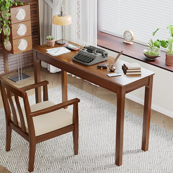 Wood Desk Solid Wood Writing Table for Home Office Mid Century Modern Desk with Drawers Walnut (47inch / 120cm)