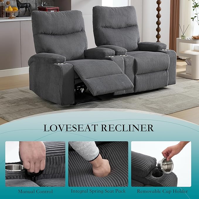 Manual Recliner Chair with Pull Ring 3 Position 140° Reclining Sofa for Living Room Nursery RV and OfficeOversized Recliner Chairs for Adults(Grey Corduroy Fabric)