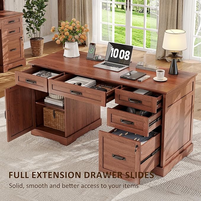 Whalefall 55'' Farmhouse Desk Home Office with Drawers Executive Computer Desk Wooden with File Cabinet and Charging Station Cherry Brown