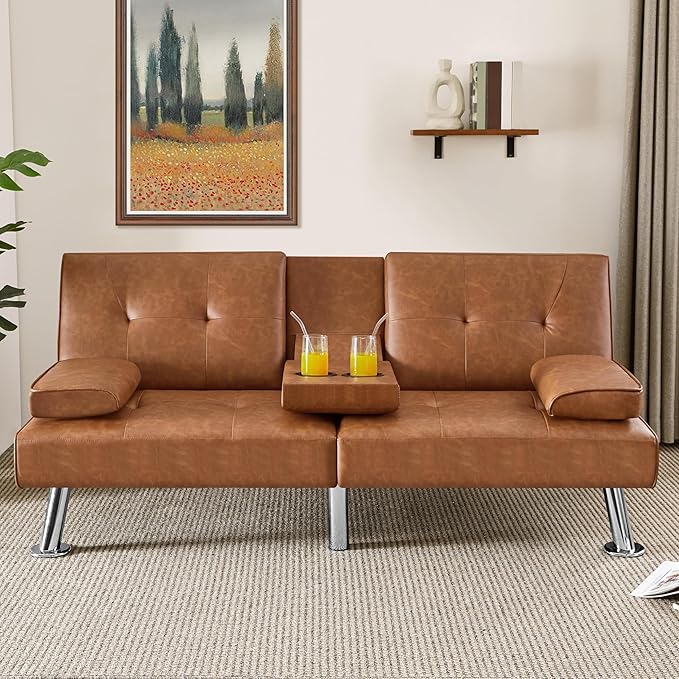 Yaheetech Convertible Sofa Bed Adjustable Couch Sleeper Modern Faux Leather Home Recliner Reversible Loveseat Folding Daybed Guest Bed Removable Armrests Cup Holders 3 Angles 772lb Capacity Brown