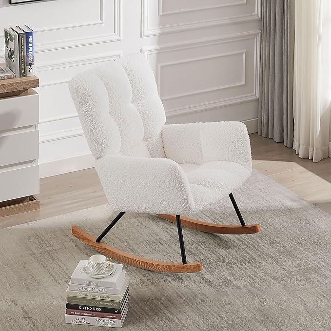 Modern Rocking Chair with High Backrest Armrests Ergonomic Design Lounge Recliner Chair for Living Room Bedroom Playroom Beige Without Soft Seat