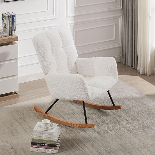 Modern Rocking Chair with High Backrest Armrests Ergonomic Design Lounge Recliner Chair for Living Room Bedroom Playroom Beige Without Soft Seat