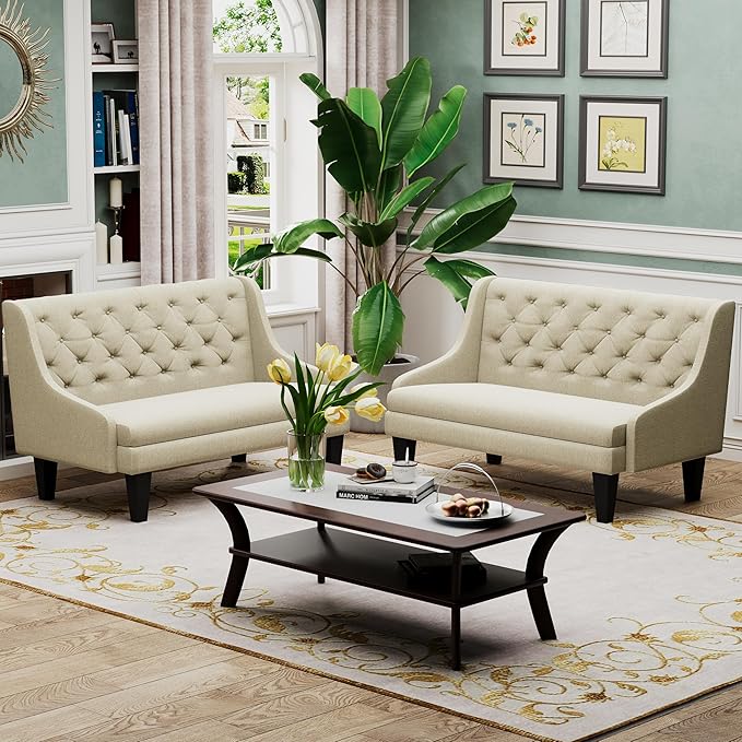 Tongli 50 Small Modern Loveseat Settee Sofa Linen Fabric 2-Seat Sofa Couch Tufted Love Seat Dining Bench with Back Upholstered Banquette Sofas for Living Room Bedroom Small Space Entryway